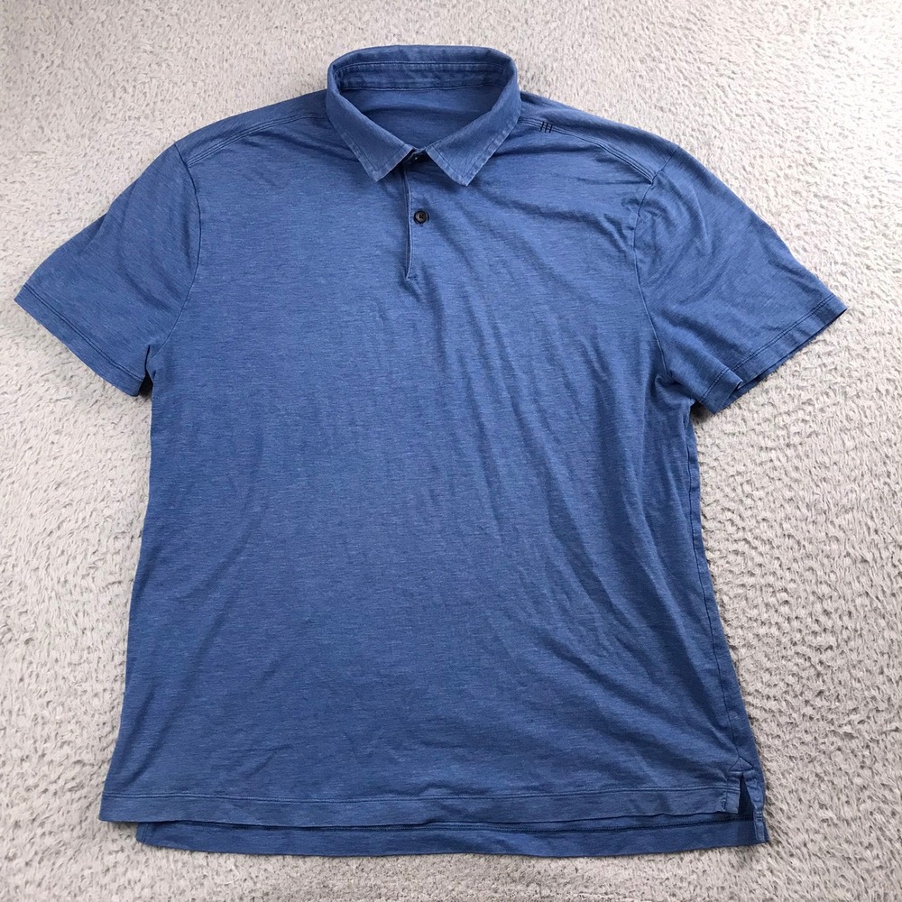 Lululemon Evolution Polo Shirt Mens M Blue Short Sleeve Heathered Athletic *FLAW